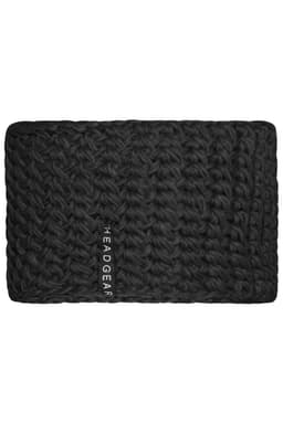 A black crocheted headband with a thick, textured design and a logo on one side.