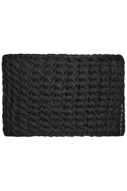 A black crocheted headband with a textured, chunky knit design and a small branding label.