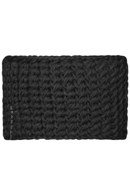 A black crocheted headband with a textured design and a logo on the side.