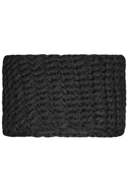 A black crocheted headband with a textured pattern, featuring a subtle branding logo.