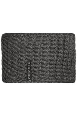A grey crocheted headband with a textured pattern and a logo on the side.