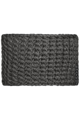 A dark grey crocheted headband with a textured pattern and a small logo on the side.