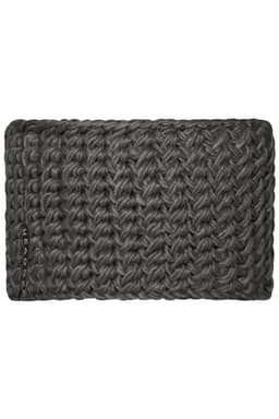 A dark grey crocheted headband with a textured pattern and a discreet logo.