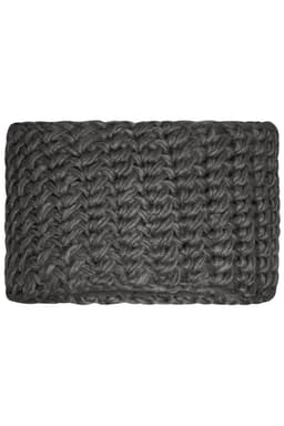 A thick grey crocheted headband, featuring textured knit patterns. The item is soft and warm.