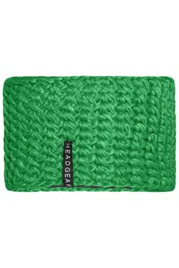 A green crocheted headband with a black logo label, featuring a textured stitch design.