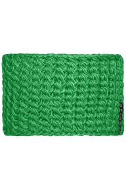 A green crocheted headband with a textured design and a small branding label.