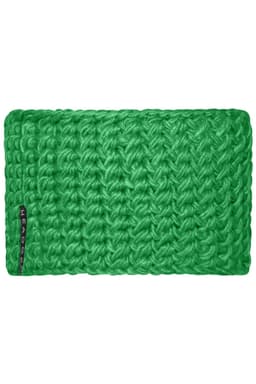 A bright green crocheted headband with a textured pattern and a logo on the side.