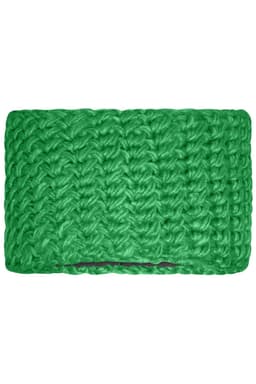 A green crocheted headband featuring a textured design, with a solid colour throughout. Includes a logo.