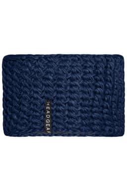 A blue crocheted headband featuring a textured pattern and a branding label.