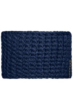 A dark blue crocheted headband with a textured pattern and a small branding tag.
