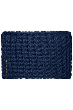 A dark navy crocheted headband with a textured pattern and a small logo on the side.