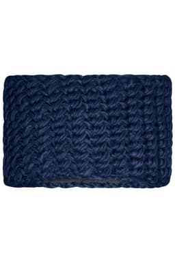 A dark blue crocheted headband with a textured pattern and a soft, warm appearance.