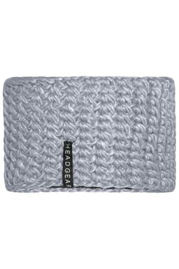 A crocheted headband in a soft grey colour, featuring a small branding label on one side.