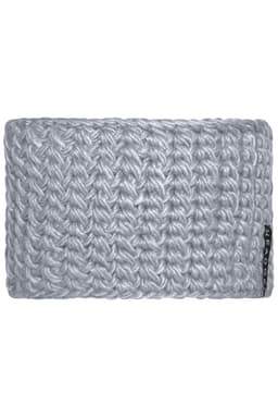 A crocheted headband in light grey, featuring a textured design and a small logo.