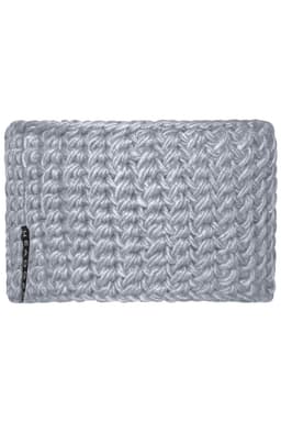 A grey crocheted headband with a textured pattern and a small logo on the side.