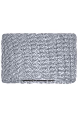 A grey crocheted headband with a textured knitted pattern, featuring a simple design without any logos.