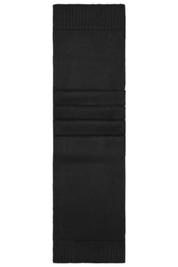 A black knitted scarf with ribbed edges, featuring a textured pattern throughout. It has a logo.