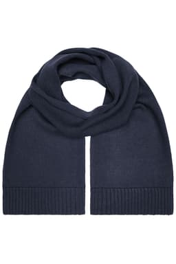 A navy blue scarf with a ribbed texture and a wide, flat design, featuring a logo.
