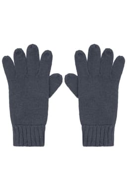 A pair of dark grey knitted gloves with a ribbed cuff, featuring five fingers each and a logo on one glove.