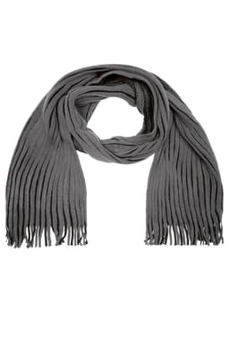 A grey ribbed scarf with fringed ends, featuring a textured design and a subtle logo.