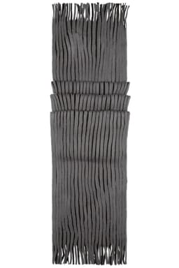 A ribbed scarf in various shades of grey, featuring a fringed design and a branding logo.