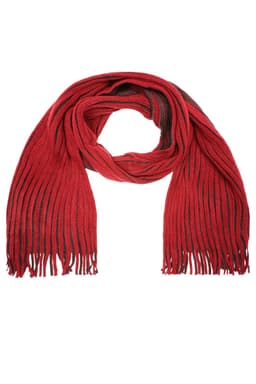 A ribbed scarf in red with grey accents and fringed ends, featuring a logo.