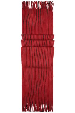 A ribbed scarf in bright red with black stripes, featuring fringed ends. It has a logo.