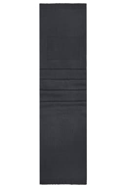 A black promotional scarf featuring a logo, designed with a smooth texture and rectangular shape.