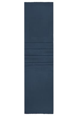 A navy blue scarf with a smooth texture and subtle folded sections, featuring a logo.