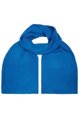 A blue knitted scarf with a textured finish, featuring a pocket on one side and a logo.