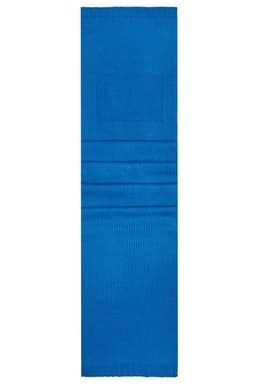 A blue promotional scarf with a branding logo, featuring a simple, elongated design.
