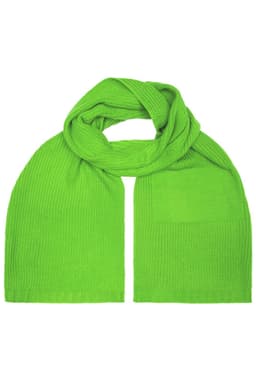A bright green scarf with a textured design and a pocket feature. It includes a logo.