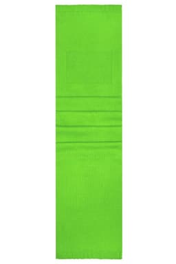 A bright green promotion scarf featuring a logo or branding, designed as a clothing accessory.