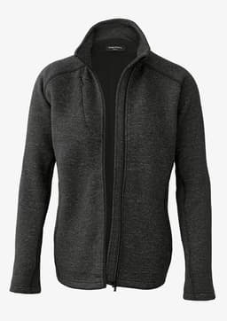 A polar fleece jacket in dark grey with a full zip and a sleek design. Features a logo on the chest.