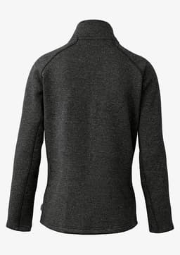 A dark grey polar fleece jacket with a high collar and a logo on the back.