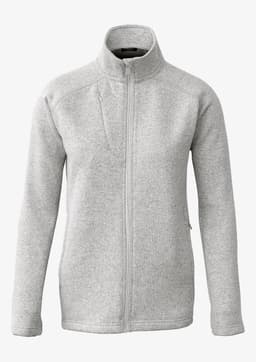 A grey polar fleece jacket with a full zip and a high collar. It has a simple design and features a logo.