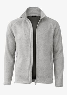 A polar fleece jacket in grey with a zip closure and a subtle logo on the chest.
