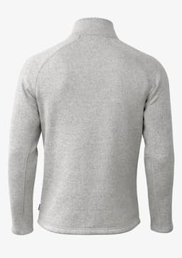 A grey polar fleece jacket with a stand-up collar and long sleeves. It features a logo on the back.