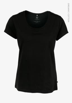 A black women's T-shirt with a round neckline and short sleeves, made from organic cotton. The shirt has a logo.