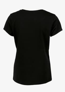 A black women's t-shirt featuring short sleeves and a rounded neckline, with a logo on the back.