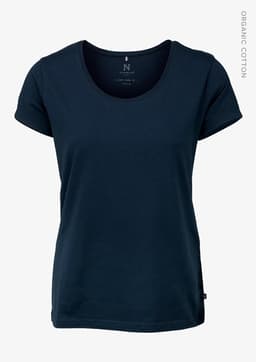 A navy blue women's t-shirt with a rounded neckline and short sleeves, featuring a logo on the side.