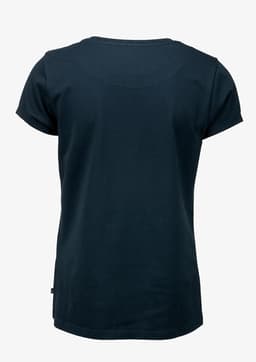 A dark navy women's t-shirt with short sleeves and a rounded neckline, featuring a logo on the side.