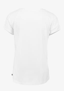 A white women's T-shirt featuring a classic crew neck and short sleeves, with a small logo on the side.