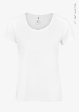 A white women's T-shirt made from organic cotton, featuring a round neckline and short sleeves. It has a logo.
