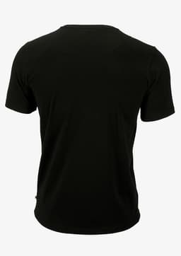 A black T-shirt featuring a simple design and a logo on the back.