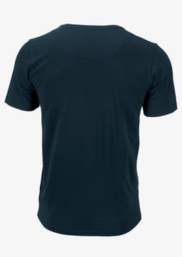A navy blue T-shirt with a simple design and a logo on the back.
