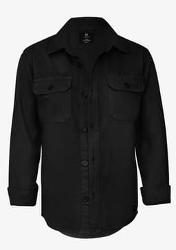 A black unisex shirt with a button-up front, two chest pockets, and long sleeves. It features a brand logo.