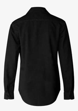A black unisex shirt with long sleeves, featuring a collar and button cuffs. Includes a small logo.