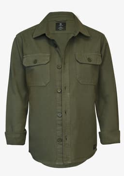 An olive green unisex shirt with a button-up front and two chest pockets. Features long sleeves and a collar.