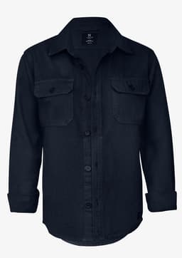 A navy unisex shirt with long sleeves, button-up front, and two chest pockets. Features a logo.